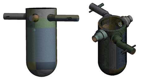 Fig. 3: Geometry and mesh of 330 MWe RPV (left) fluid (right) solid.